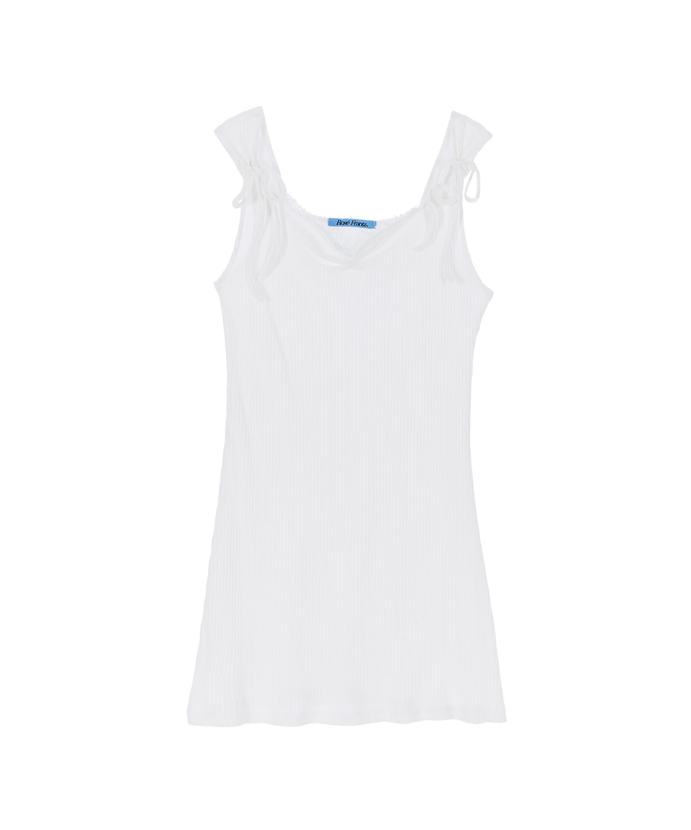 Lace Shirring Mini Dress [White]