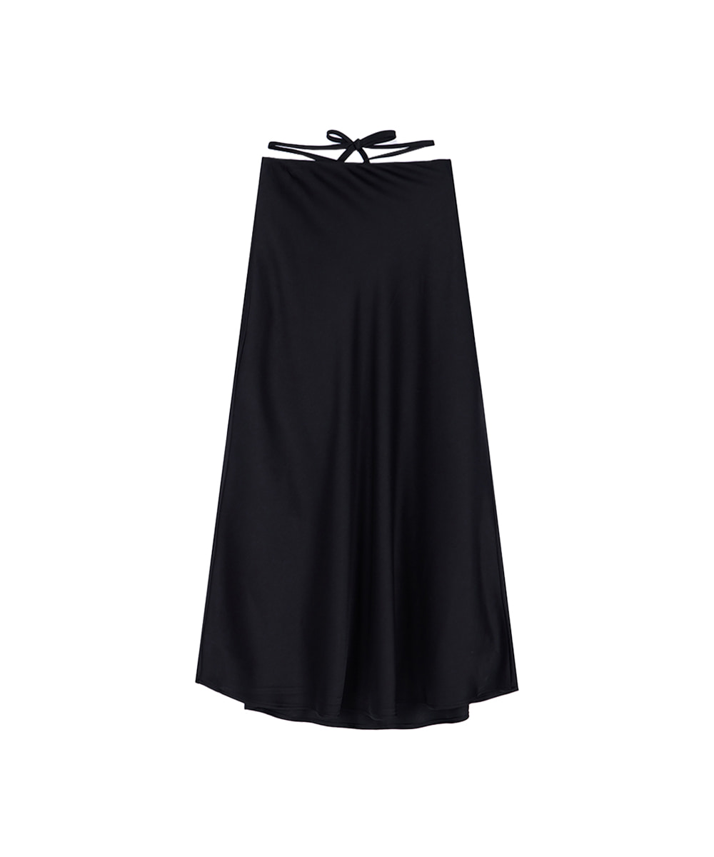 Side Strap Satin Long Skirt [Black]