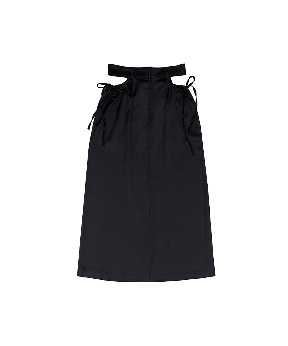 [5/17 예약발송] Cut Out Satin Long Skirt [Black]