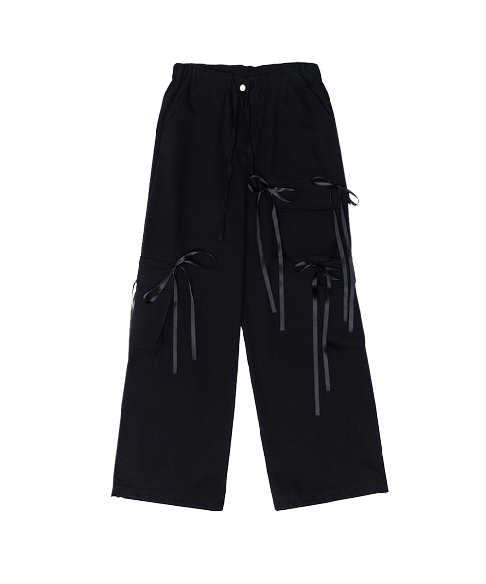 Satin Ribbon Cargo Pants [Black]