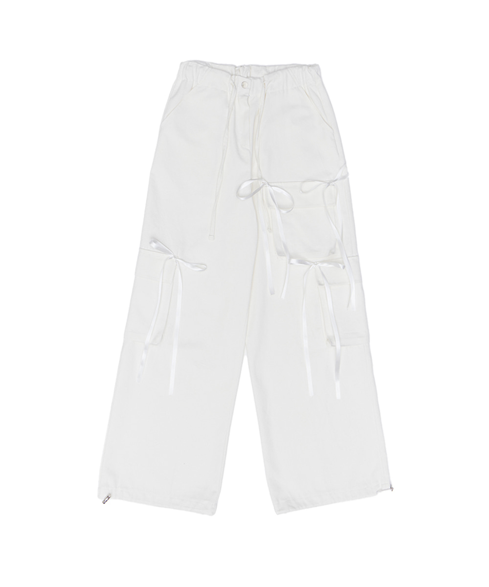 Satin Ribbon Cargo Pants [White]