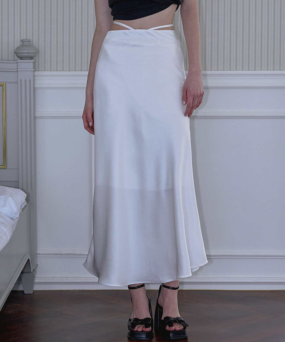 Side Strap Satin Long Skirt [White]